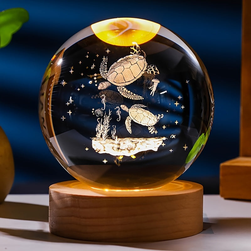 Sea Turtle Crystal Ball with Wooden Light Base – Perfect for Home Decor or as a gift for Turtle Lovers. 5.99 cm.