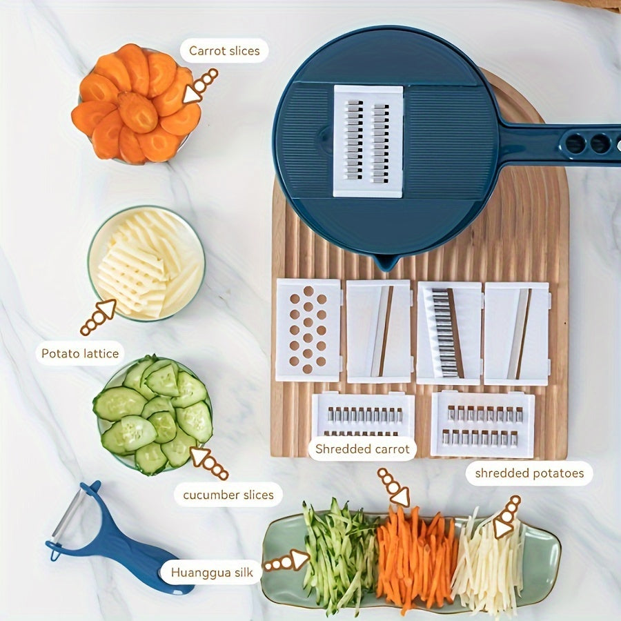 Multi-functional vegetable chopper with 12 different functions, including slicing, dicing, and grating. Perfect for cutting potatoes, carrots, and radishes. Easy to clean and made of PP material. Suitable for use in both homes and restaurants.