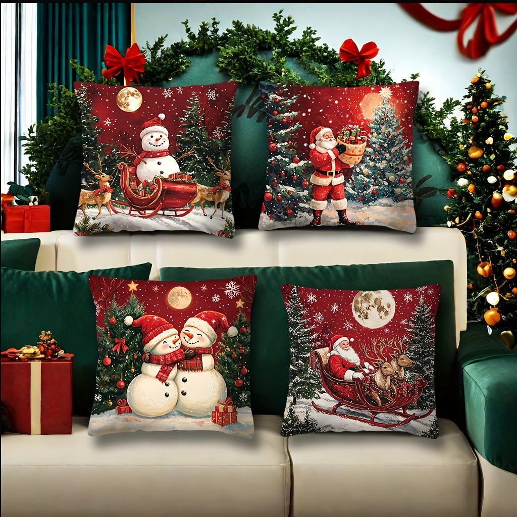 Set of 4 modern Christmas throw pillow covers, woven polyester, hand-washable, zippered, festive holiday prints, sofa and living room décor, 45.01x45.01 cm, insert not included.