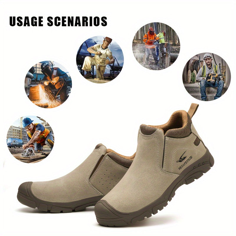 Durable steel toe safety shoes with split cow leather upper, non-slip rubber sole, and shock-absorbing features for industrial work.