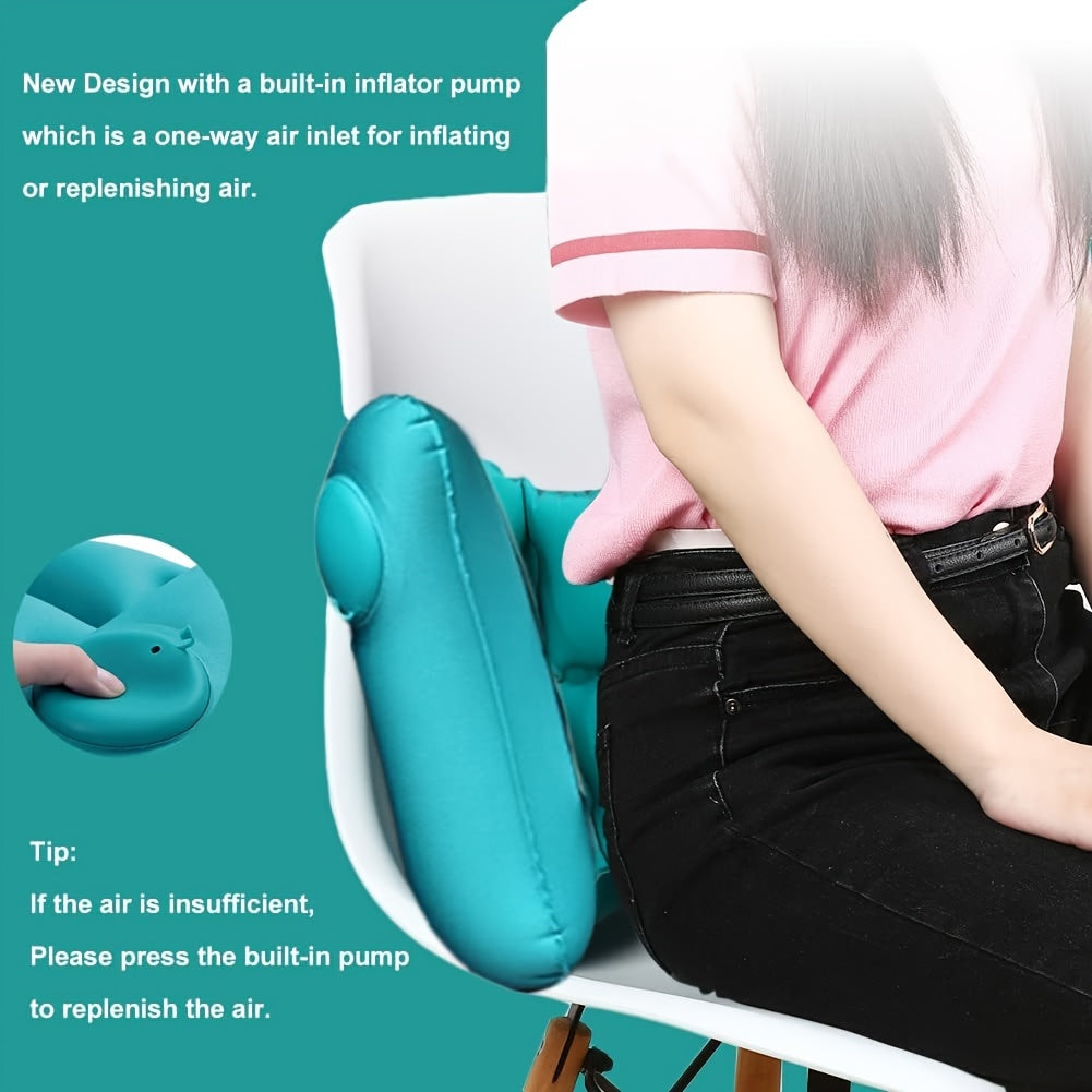 Inflatable travel waist pillow for lumbar back support during long journeys by air, car, bus, train, or in office or home.