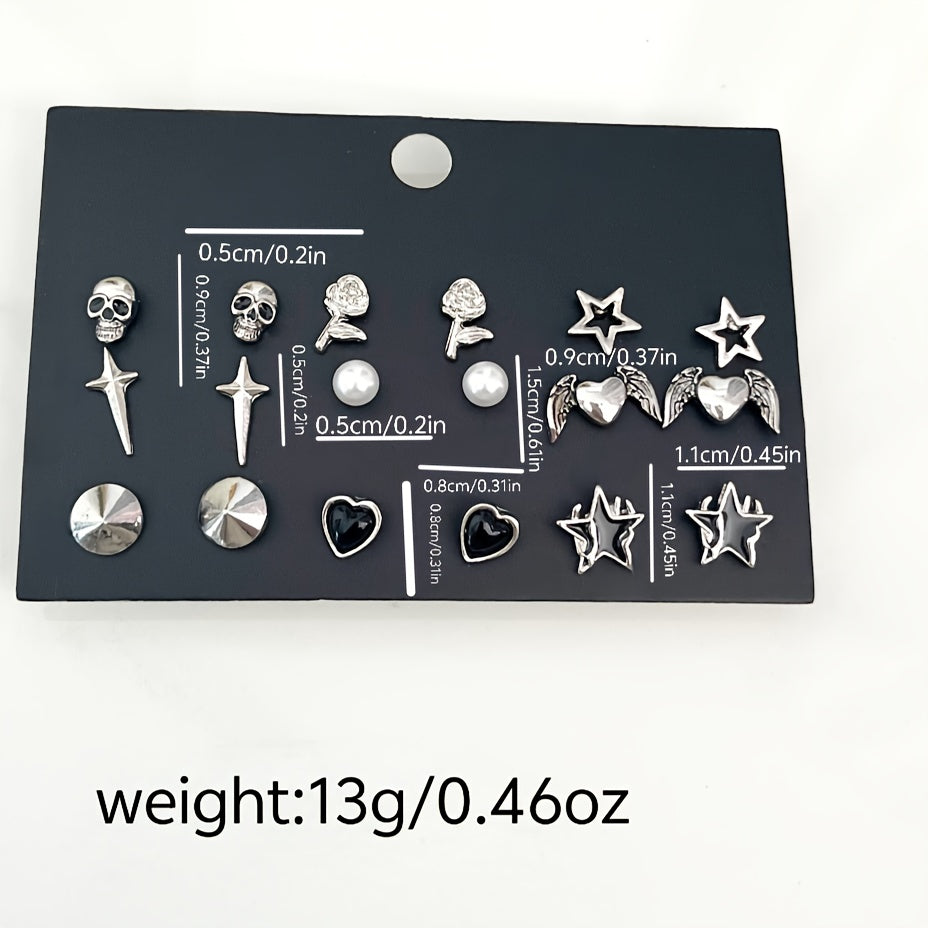 Vintage Gothic Earrings Set featuring 9 pairs, with designs inspired by skulls, roses, stars, hearts, and wings made from zinc alloy. Perfect for daily wear or parties, these earrings are a high aesthetic addition to any outfit. Makes a great Valentine's