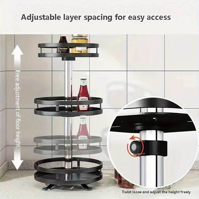 A versatile kitchen storage rack that rotates 360 degrees, perfect for organizing seasonings, oils, salts, sauces, vinegars, and condiment jars.