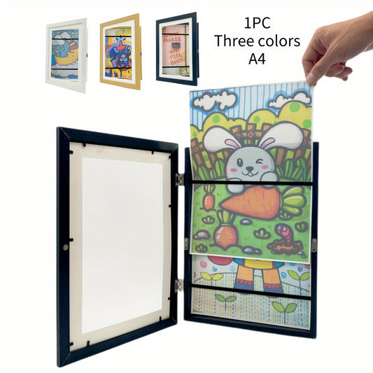 Youngsters' A4 art display frame with front-opening design in black wood, foldable, with three color options for school projects and home artwork. Great for kid art supplies.