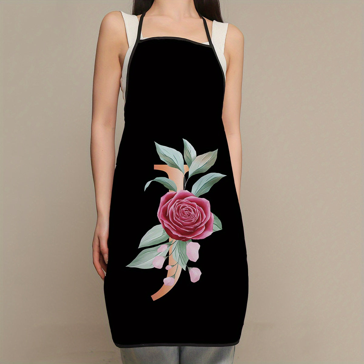 Women's flower and letter printed polyester apron - waterproof, thickened, and cute for household and kitchen use.