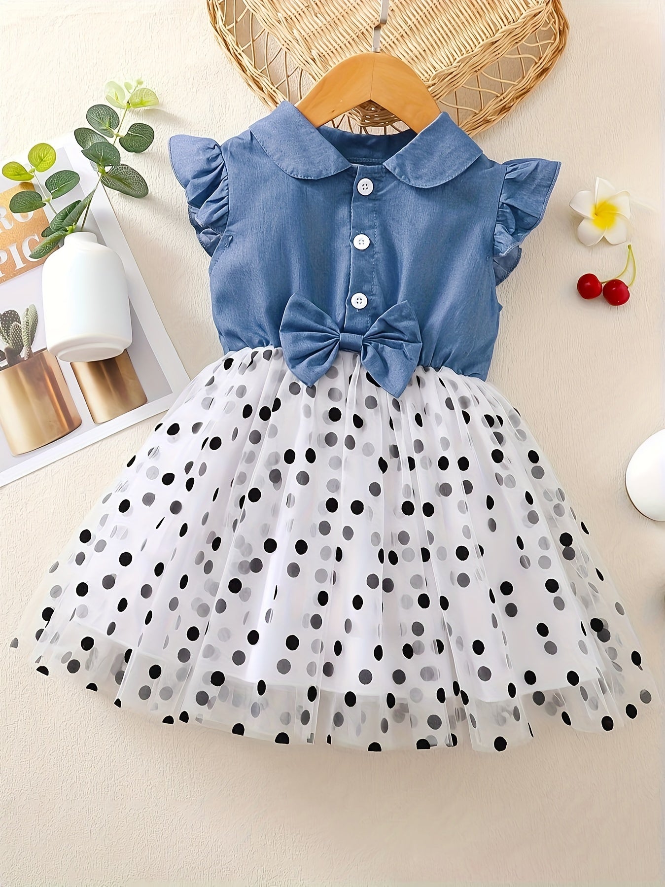 BrownBark 100% Cotton Girls Imitation Denim Print Dress with Polka Dots Mesh, Buttons, and Bow for Summer Party