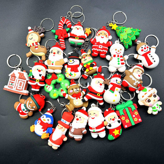 Set of 25 Festive PVC Cartoon Christmas Keychains, including Couple Keyrings with Ring Buckles and Holiday Charm Pendants for Decorating Christmas Trees Ornaments