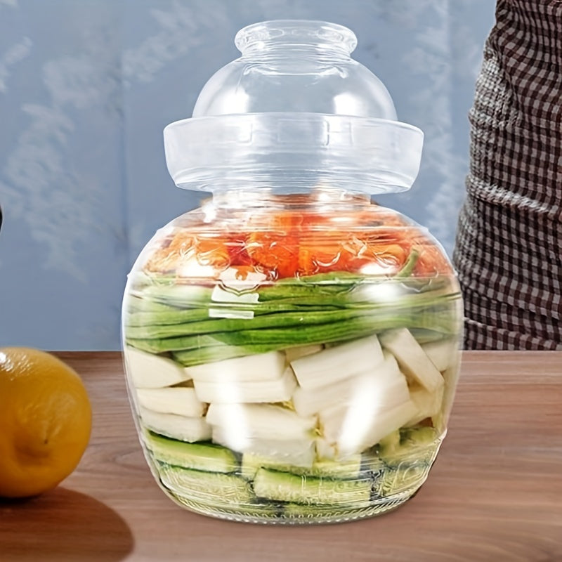 Glass fermentation jar with wide mouth and sealable lid for fermenting sauerkraut, kimchi, and beverages - preserves freshness with airtight storage.