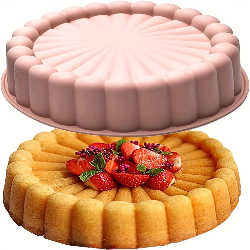 Clearance item: Silicone Charlotte Cake Pan - Reusable Mold Slot Cake Pan. Non-stick Round Silicone Mold for Strawberry Crisp, Cheese Cake, Brownie Tart, and Pie. Dimensions: 19.51*6.1 cm. Perfect addition to your kitchen supplies and accessories for