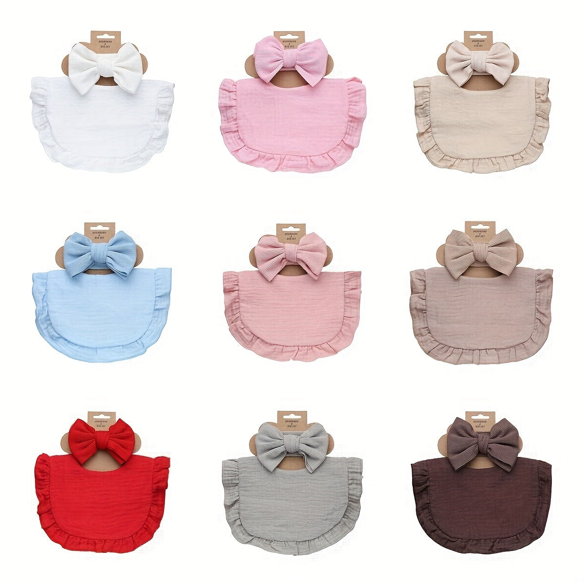 Set of 2 includes a lotus leaf bib and an elastic bow headband. The set also includes a plain color soft bib with snap button closure.