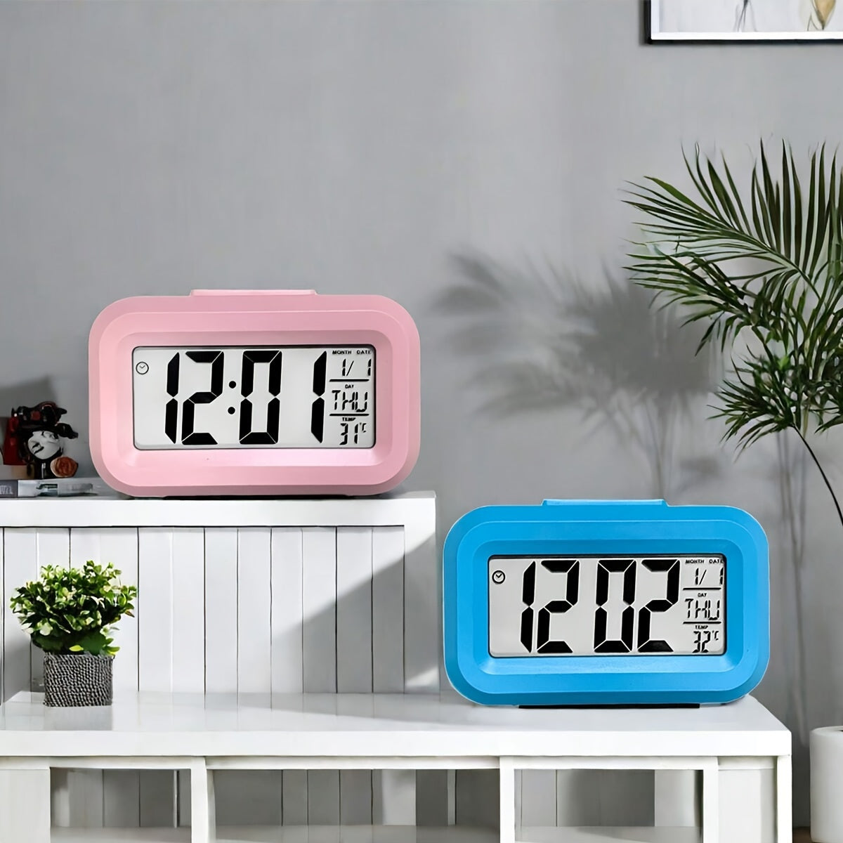 Compact pink mini LED desk clock with backlight, temperature, and calendar. Multifunctional kitchen timer for students. Sleek rectangular design with digital display. Battery-powered (AAA). Minimalist aesthetic.