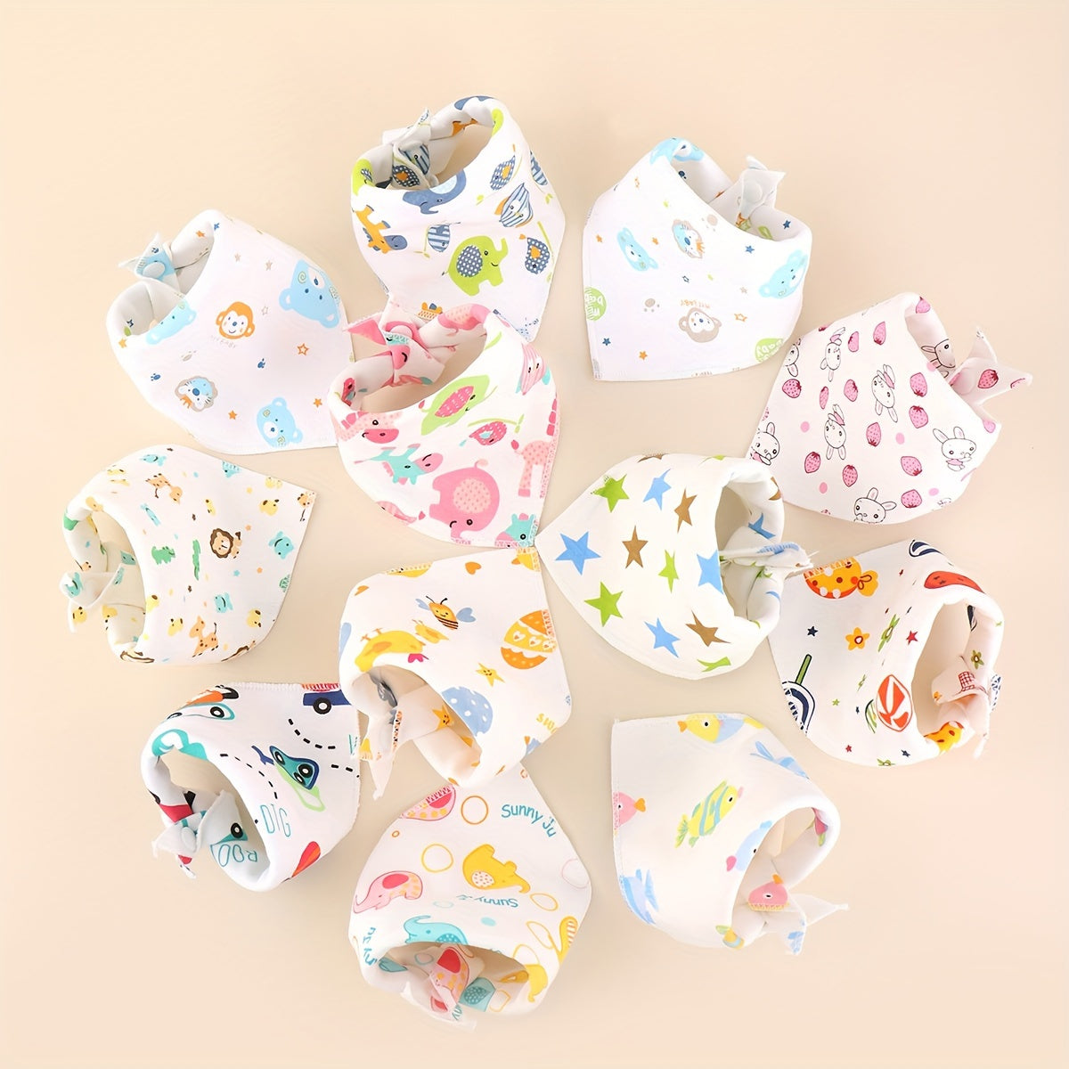 Set of 5 Adorable Cartoon Patterned Bibs, Double-Layered Cotton Bibs with Snap Fasteners, Soft and Gentle for Feeding