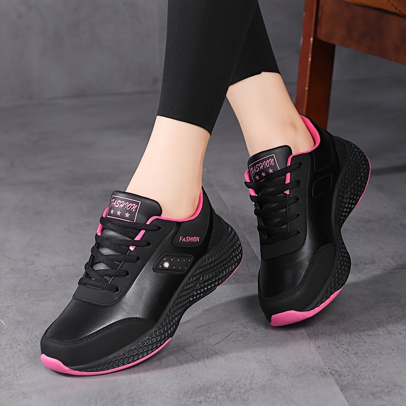 Stylish black running shoes with pink accents, lightweight and comfortable for all seasons. Durable EVA sole and cute design.