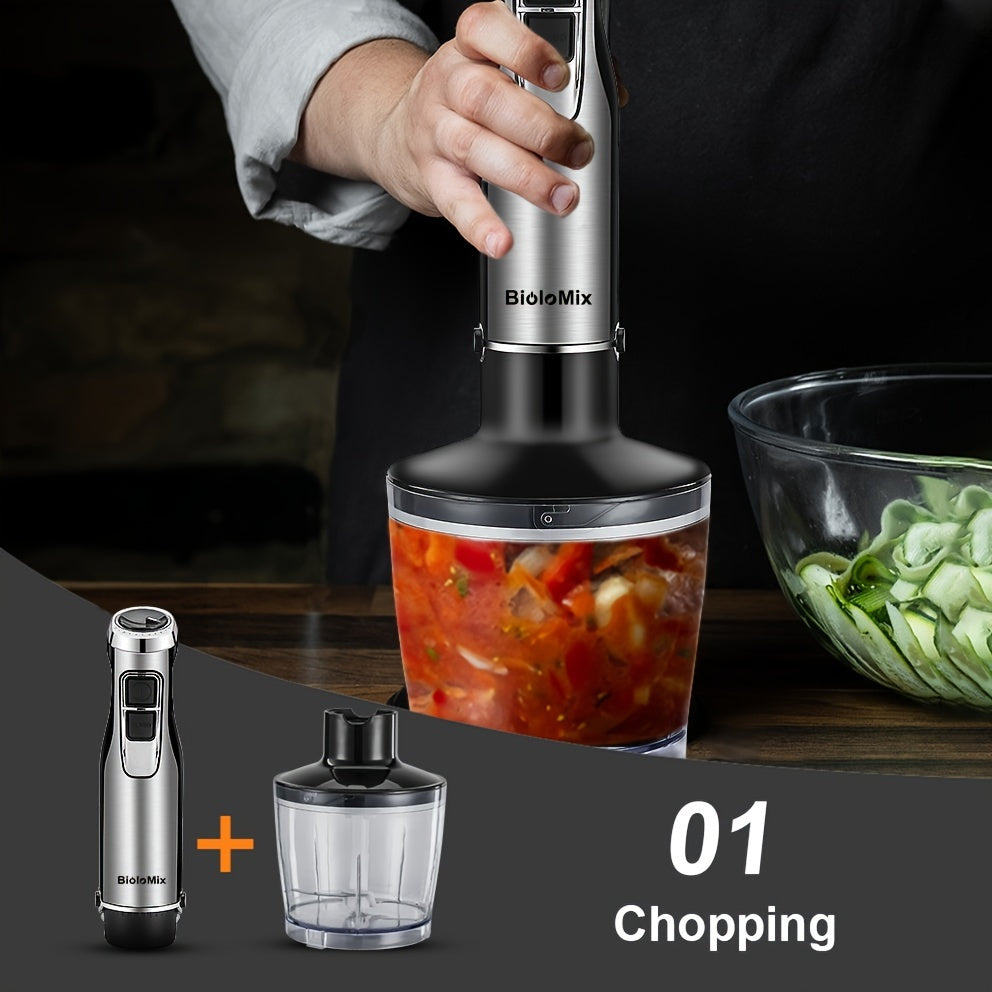 BioloMix 4-in-1 1200W Hand Stick Blender Mixer with Chopper and Smoothie Cup, Stainless Steel Ice Blades, European Standard Plug, 16000 RPM, No Battery Needed.