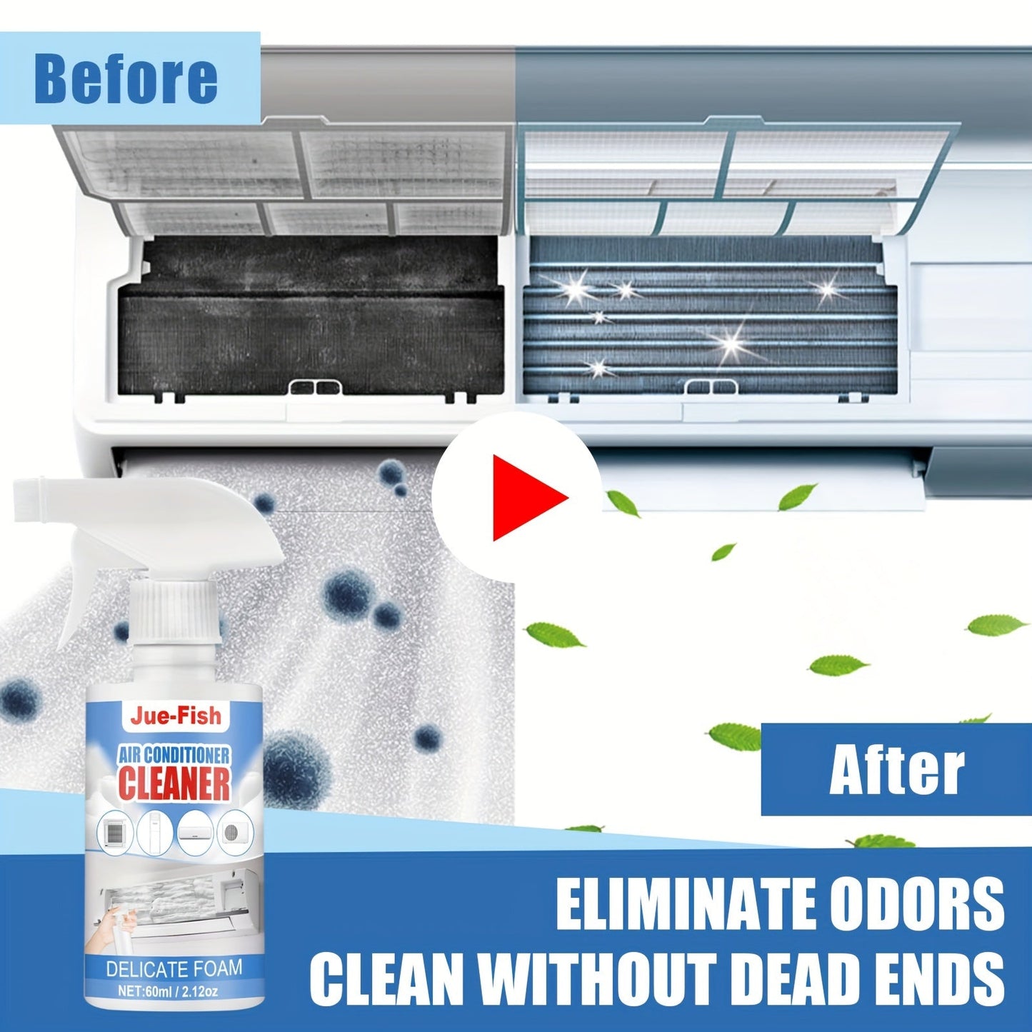 Household air conditioning and cabinet cleaner featuring a no-residue liquid formula infused with Limonene for effective decontamination and deodorization. Ideal for cleaning and creating bubble-based freshness.