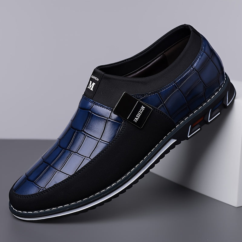 Men's slip-on business casual shoes with synthetic microfiber leather, anti-slip rubber sole, PU inner lining, and low top design for daily wear in spring/fall season.