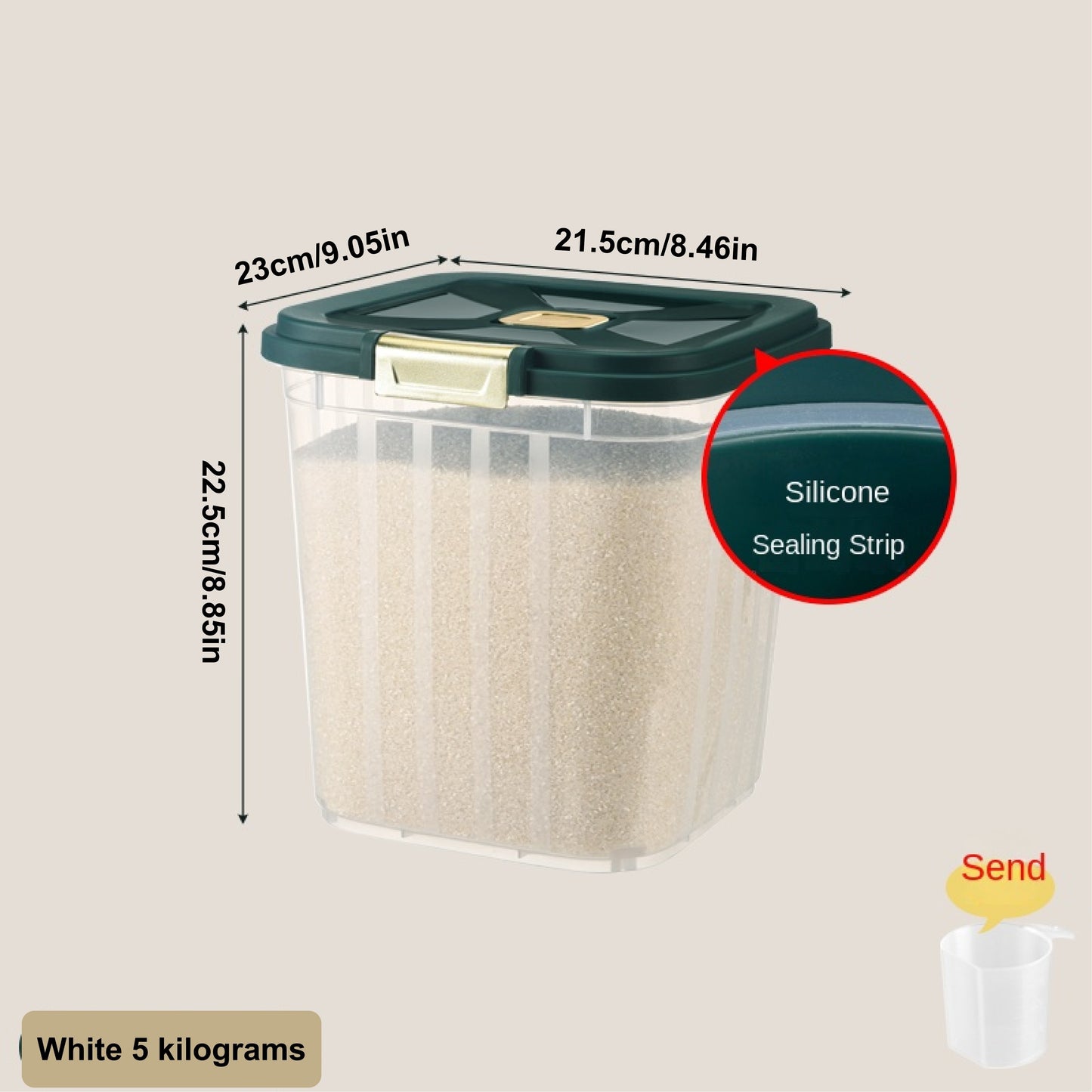 Large airtight grain storage container with moisture-proof, transparent design and easy-access white lid. Made of durable polypropylene, ideal for kitchen and pet food organization.