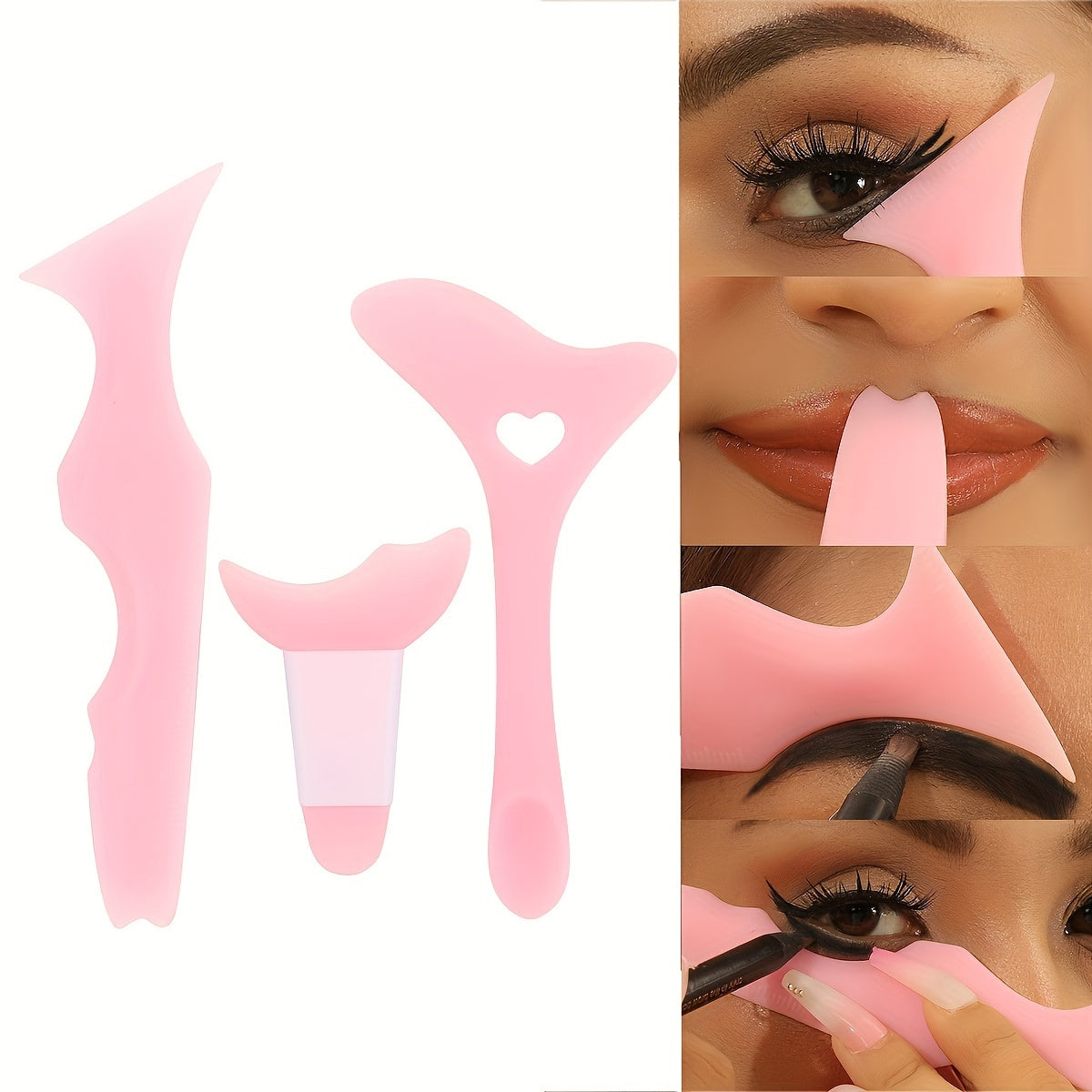 Set of 3 silicone makeup guides in pink for perfect eyeliner, eyelashes, and brows, suitable for all skin types, fragrance-free.