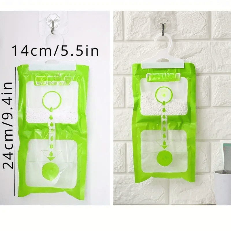 4 Green Hanging Wardrobe Dehumidifier Bags with Transparent Window, Non-Toxic Odor Eliminator for Closet, Portable & Battery-Free, Ideal for Home Use.