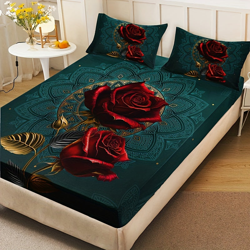 Bedding set featuring an elegant rose floral print - vibrant red roses with golden accents. Made with breathable polyester for all-season comfort. Set includes 1 deep pocket fitted sheet and 2 pillowcases. Machine washable for easy care.