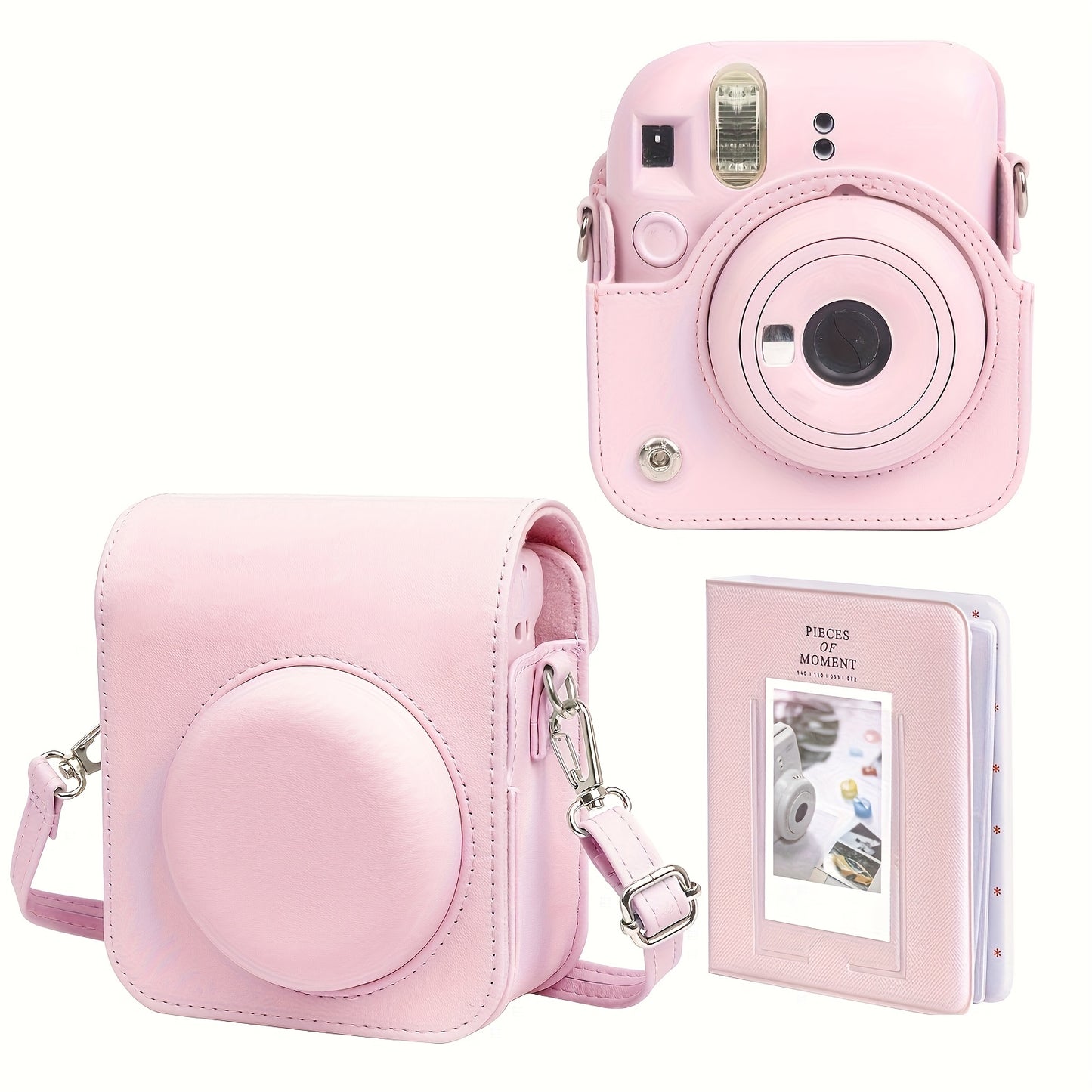 Protective faux leather case for Fujifilm Mini 12 camera with light-sensitive hole and lens compatibility. Durable accessory.