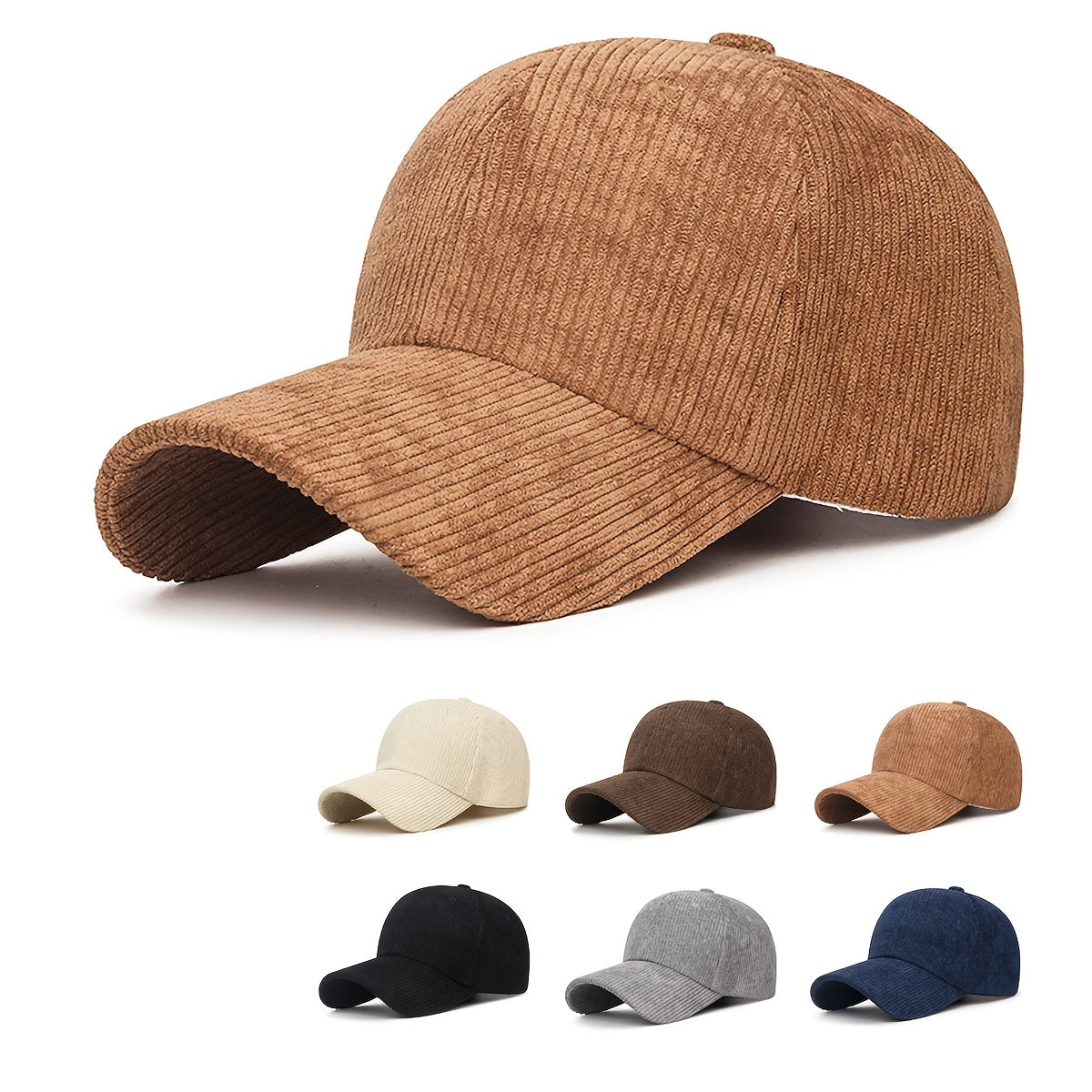 Striped corduroy baseball cap, adjustable snapback, breathable, machine washable, available in multiple colors.