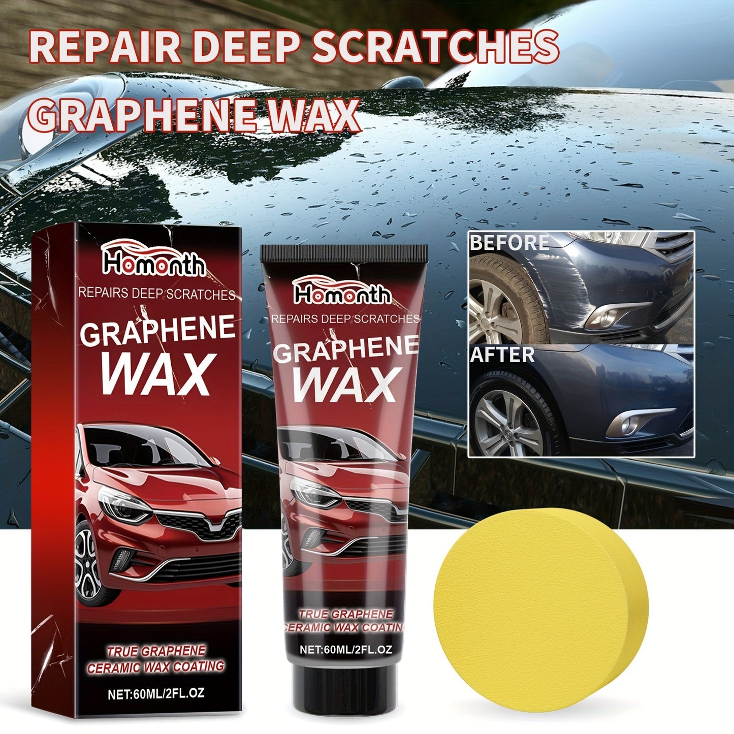 Homonth Graphene Wax is a car scratch repair solution that also serves as a low odor metal polishing compound with citric acid. This multi-functional formula can effectively remove deep scratches and restore paint on automotive surfaces.