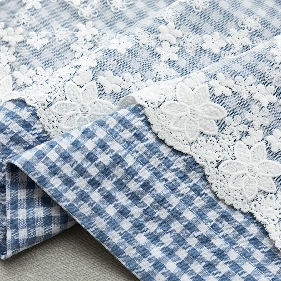 Add a touch of pastoral charm to your living room, kitchen, or cafe with this beautiful blue plaid short curtain featuring delicate lace detailing and a convenient rod pocket design.