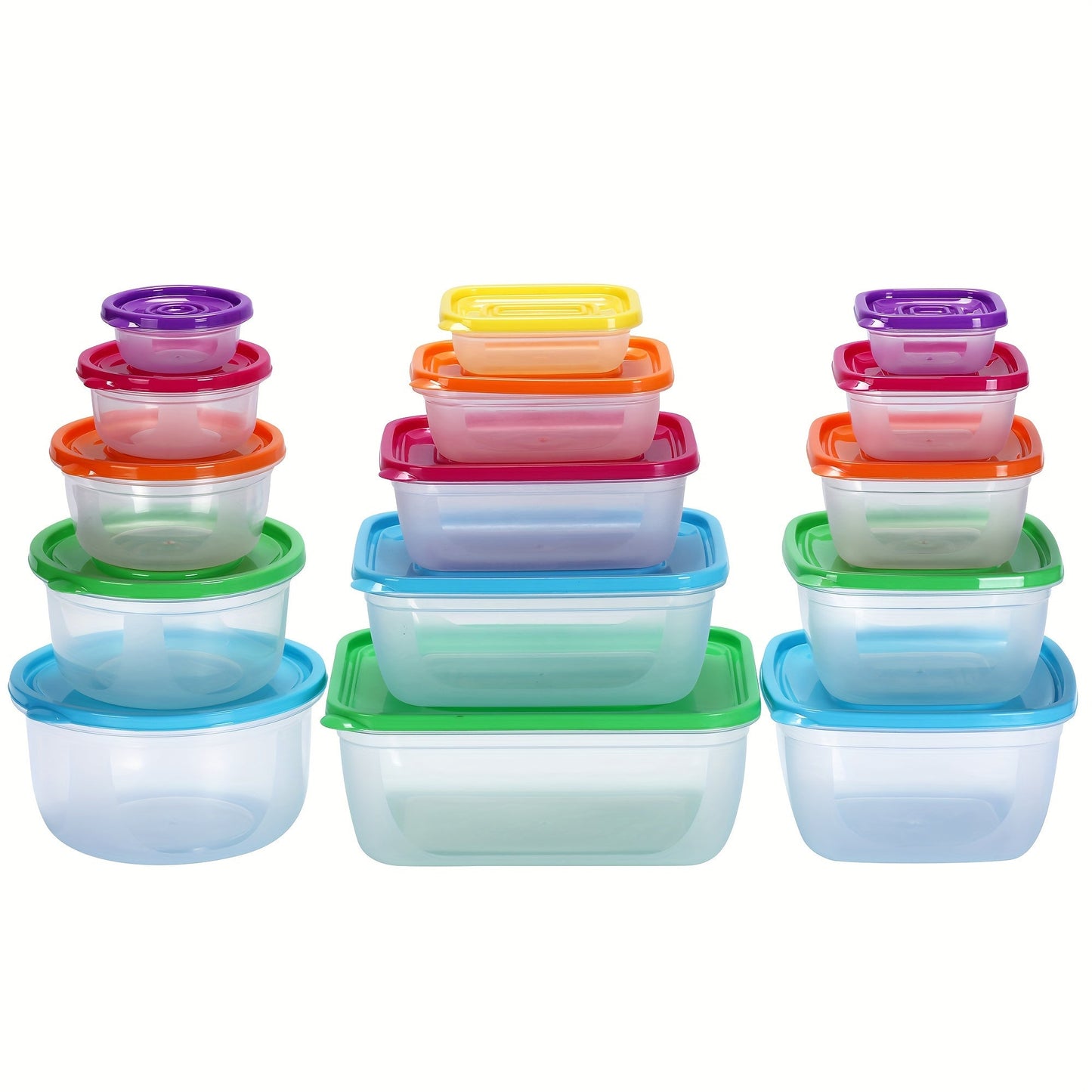 Set of 5 circular plastic food storage containers with matching lids, made without BPA and safe for use in the microwave. Featuring flip tops for convenience, these containers offer a large capacity and can be used for various purposes to keep food fresh