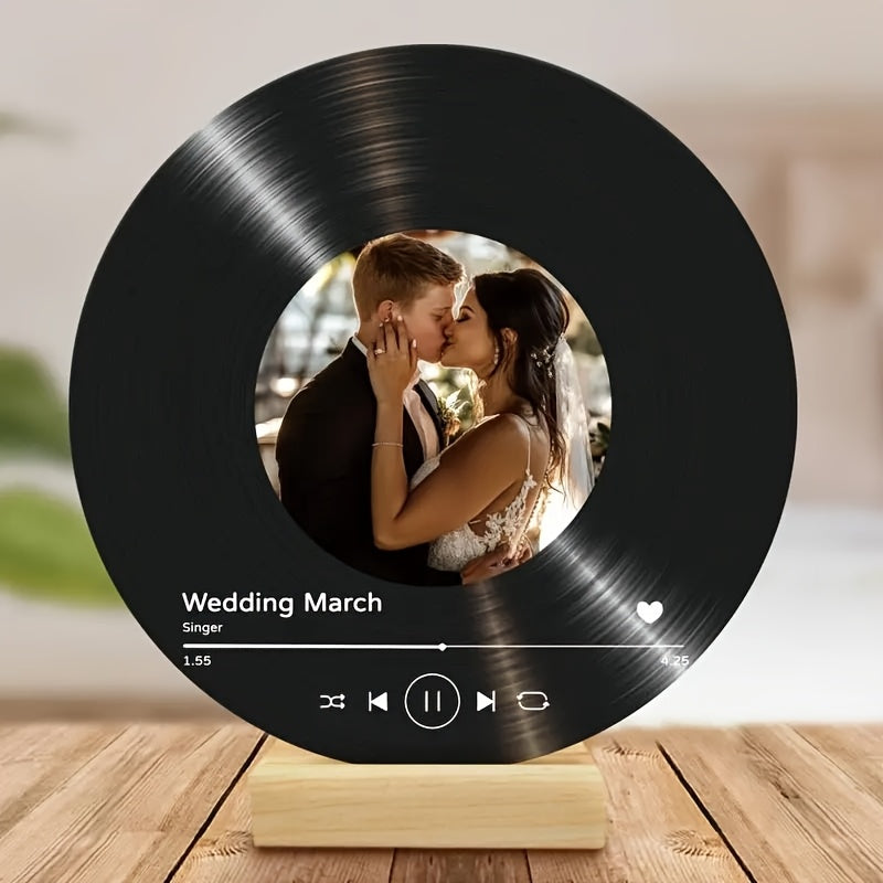 Rectangular Wooden Based Personalized Vinyl Record Photo Display - A Vertical Acrylic Frame perfect for Wedding, Anniversary, Birthday, Valentine's Day, Christmas Gift featuring a Single Picture with a Polished Finish.