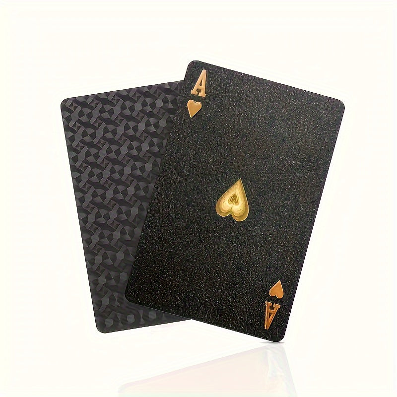 Durable plastic poker deck for tabletop games with waterproof black and golden foil design.