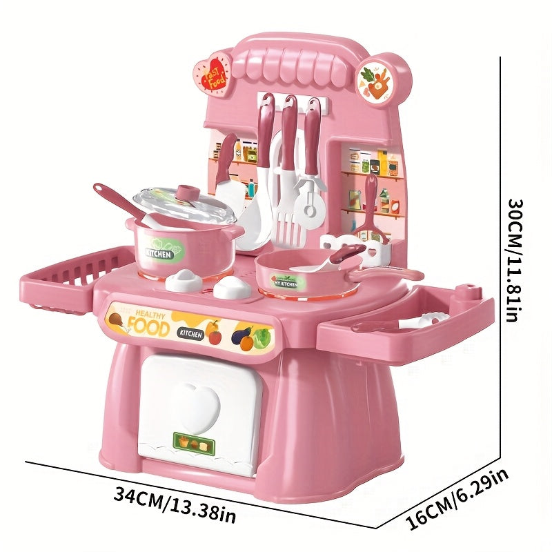 Pink Kids Kitchen toy set with light and sound features, including food and utensils for pretend cooking and chef role play. Fun and stress-relieving toy.