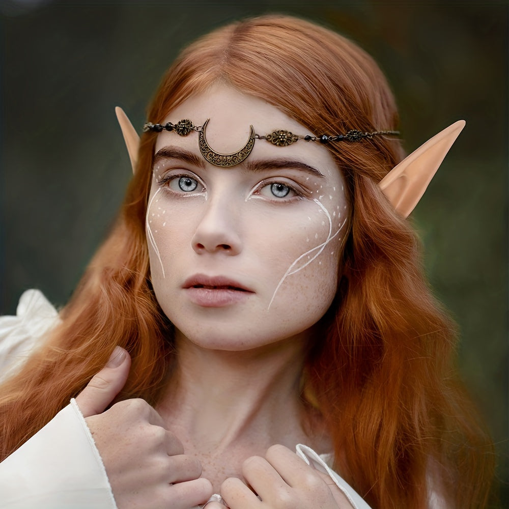 Set of Elf Ears with Headpiece, includes Short and Long Fairy Ears with Moon Head Chain. Perfect Fairy Hair Accessories for Halloween, Masquerade, Renaissance, Eid, and Ramadan Cosplay Props