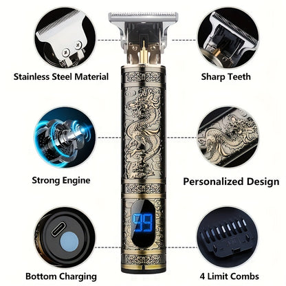 WEEME T9 Blue Light LCD Hair Clipper with USB Charging and 4 mythical beast designs. Includes accessories for precision grooming and versatile styling. ABS body and 600mAh battery for