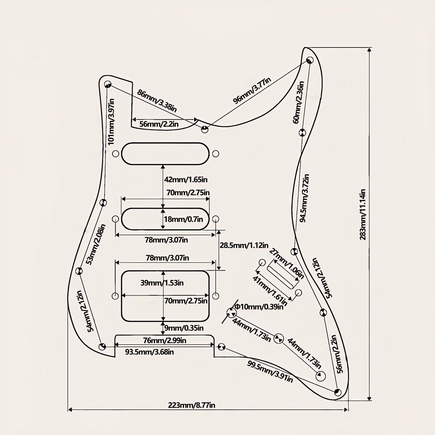 HSS 11-hole ST electric guitar pickguard for standard FD ST modern style guitars, colors available: black, white, beige.