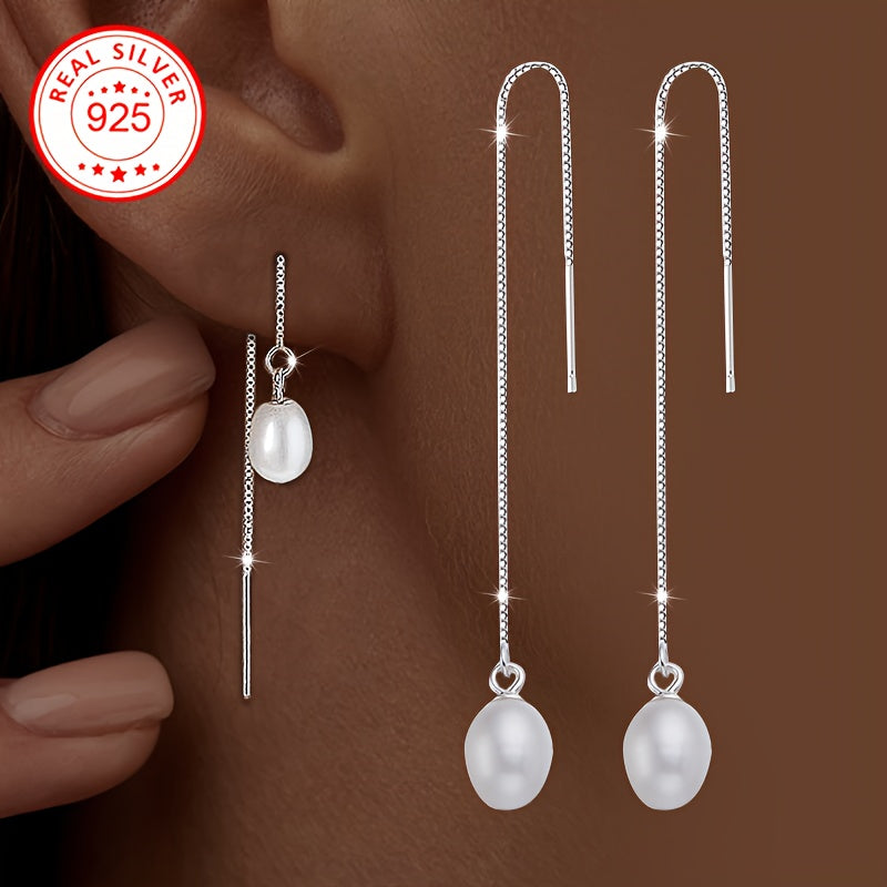 Elegant 925 Silver Women's Drop Earrings featuring Freshwater Pearl Tassels, Perfect for Wedding and Banquet, Hypoallergenic, Lightweight at 1.7g