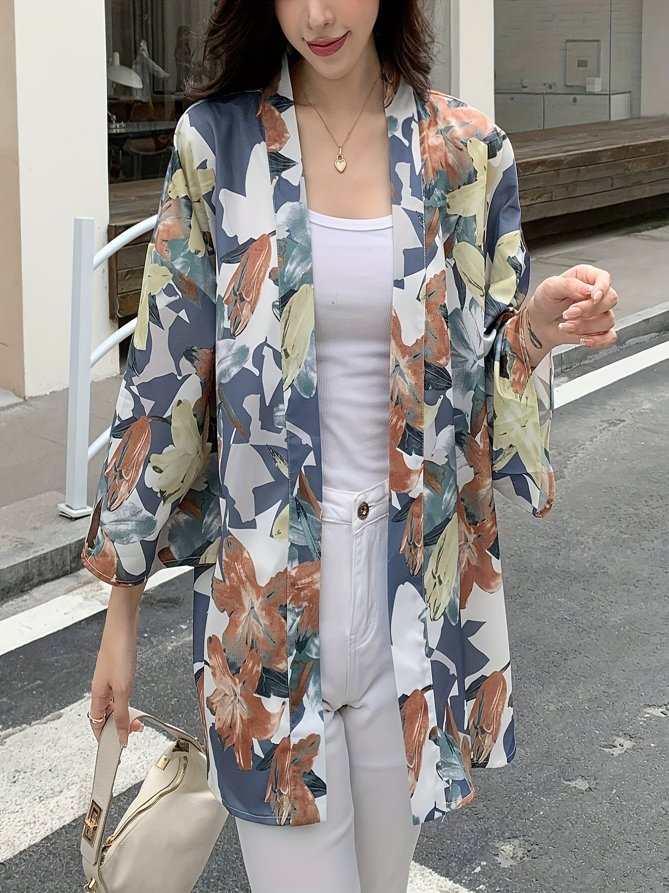 Floral Print Open Front Shirt, Women's Casual Long-sleeve Blouse for Spring & Fall.