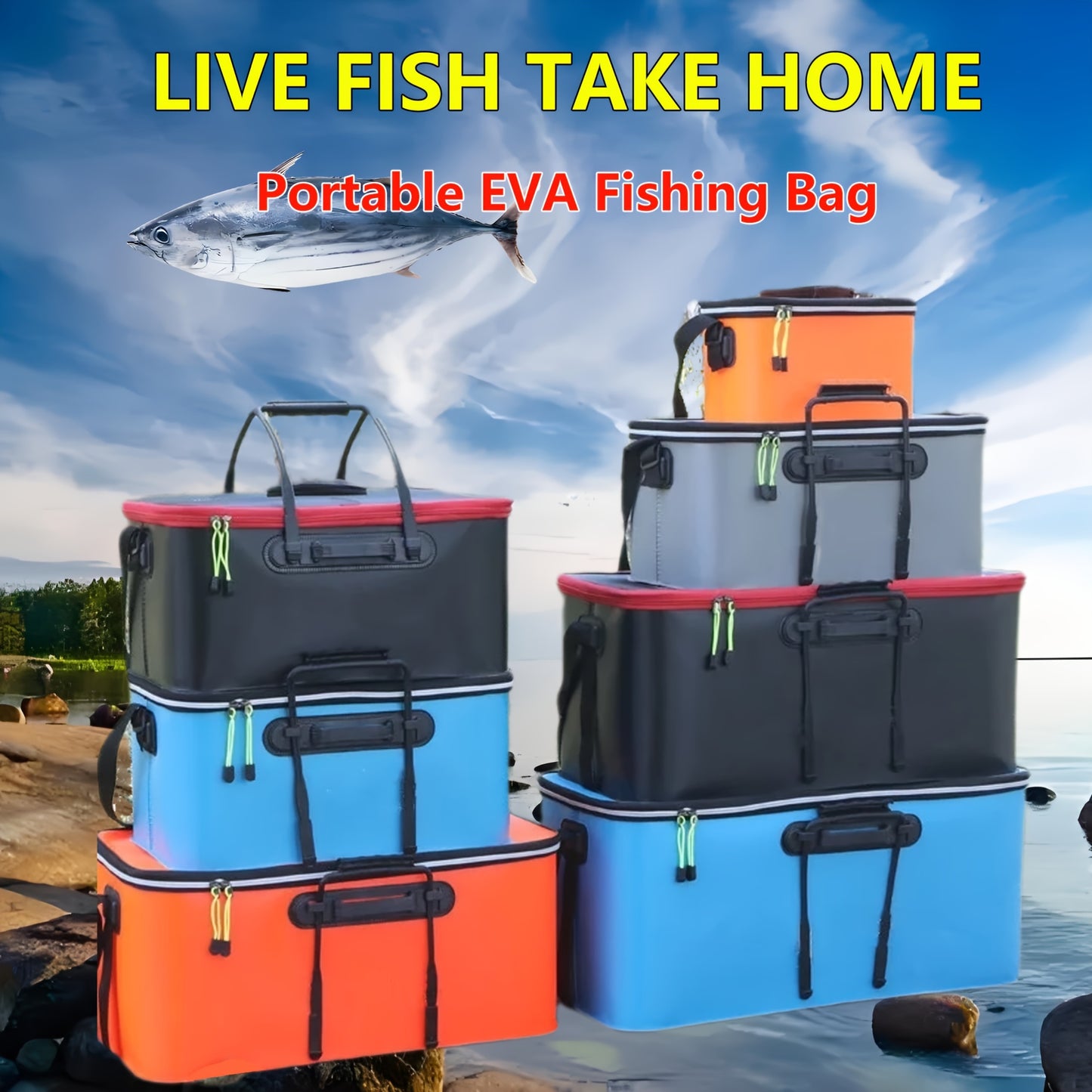 Compact EVA fishing gear bag with collapsible live fish bucket and tackle storage, waterproof and zip closure for camping.