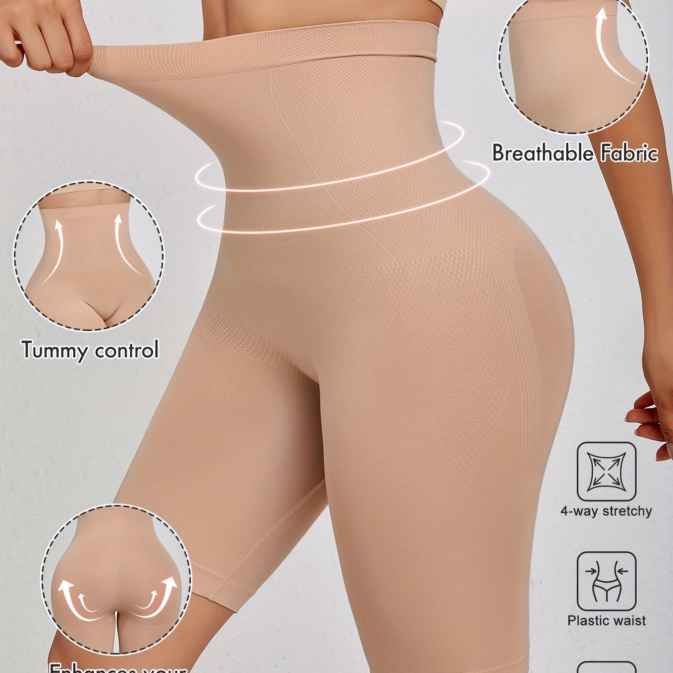 Seamless tummy control panties with waist cincher and butt lifter features, made from nylon and elastane blend.