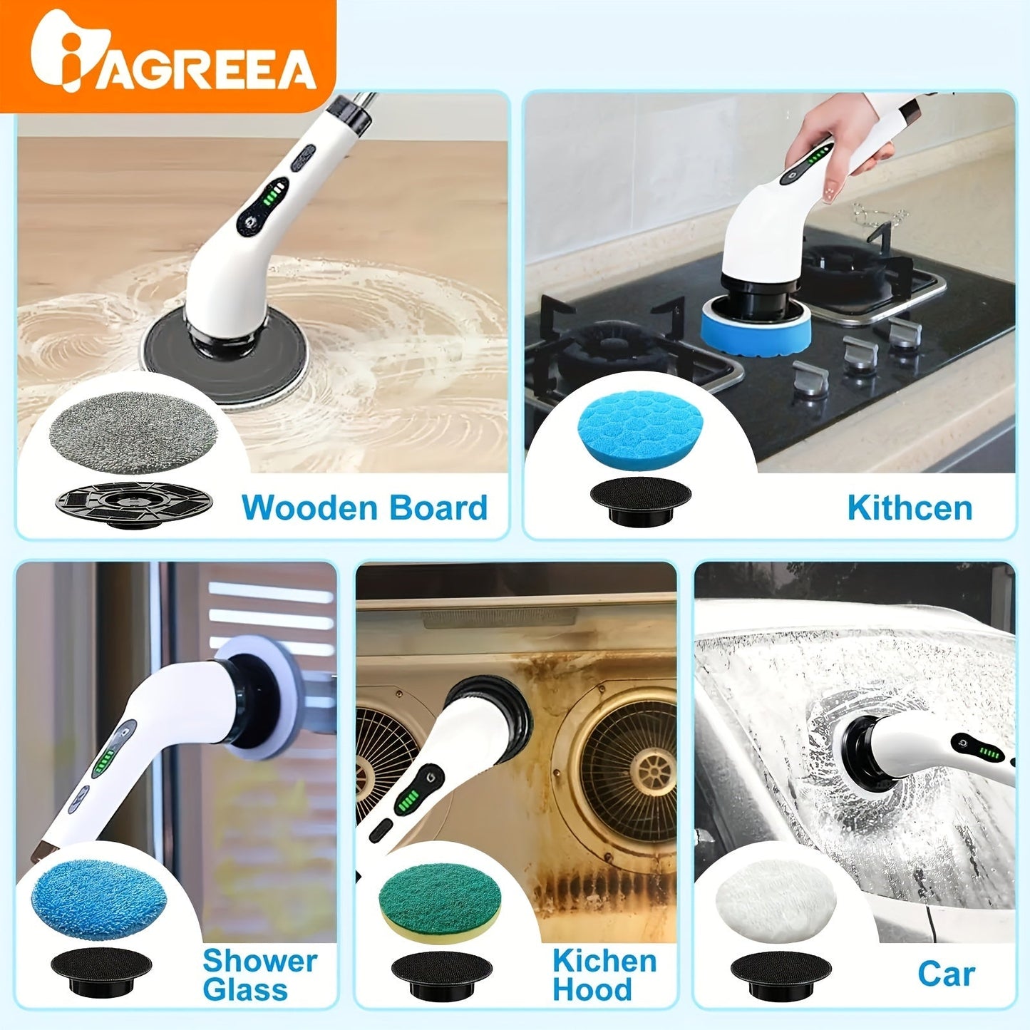 The electric cleaning brush features a rotary floor scrubber, wireless design, and 8 replaceable brush heads. With an adjustable extension handle and 360-degree rotation, this cordless cleaning brush is perfect for bathrooms and bathtubs. It includes a