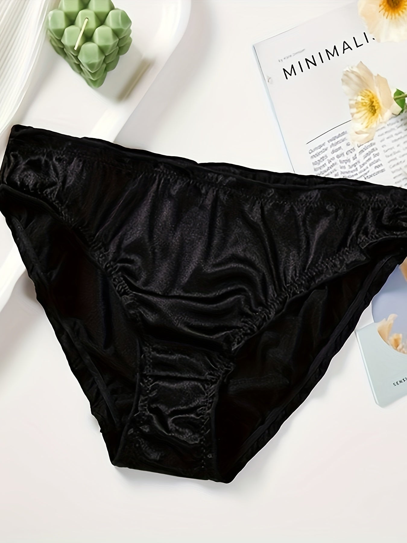 1pc Black Satin Briefs for Women - Soft, Stretchy, Low-Rise Underwear with Ruched Detail, High-Elastic Nylon Blend