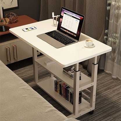 A convenient folding desk on wheels, adjustable height, and versatile usage - perfect for students, home office, or bedside. Large, portable design with a shelf for study or laptop work.