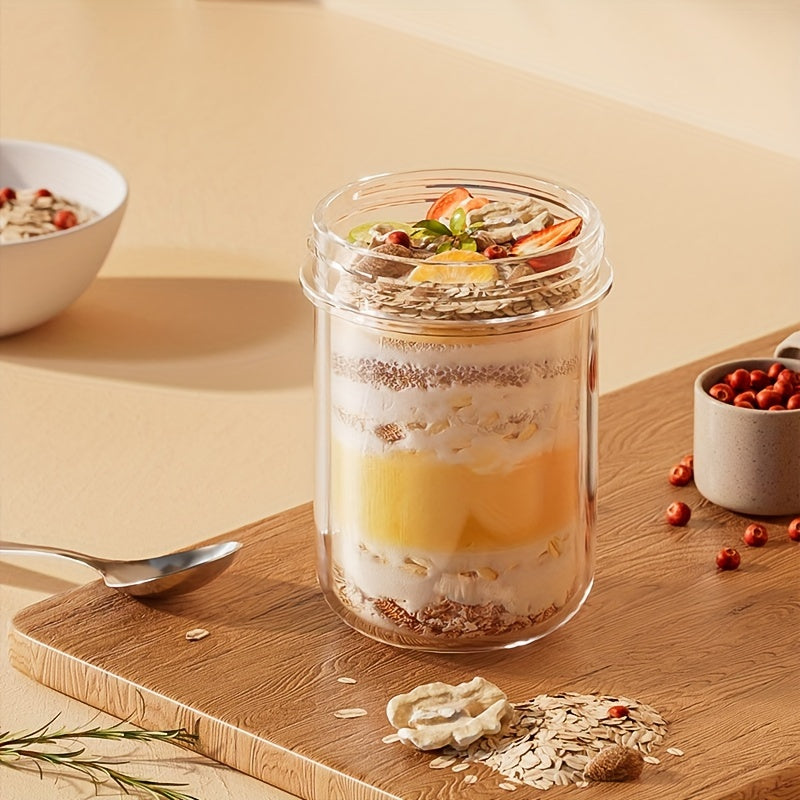 Glass yogurt cup doubles as a sealed jar for overnight oats, smoothies, and grains with spoon.