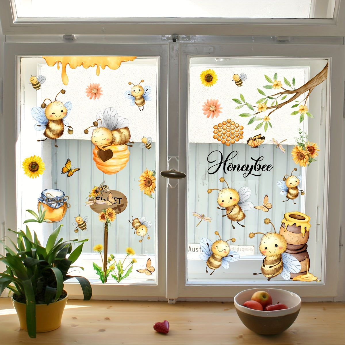 A collection of 3 pieces of 20x30cm Spring-themed decorations featuring bees, honey jars, butterflies, sunflowers, and electrostatic window stickers.