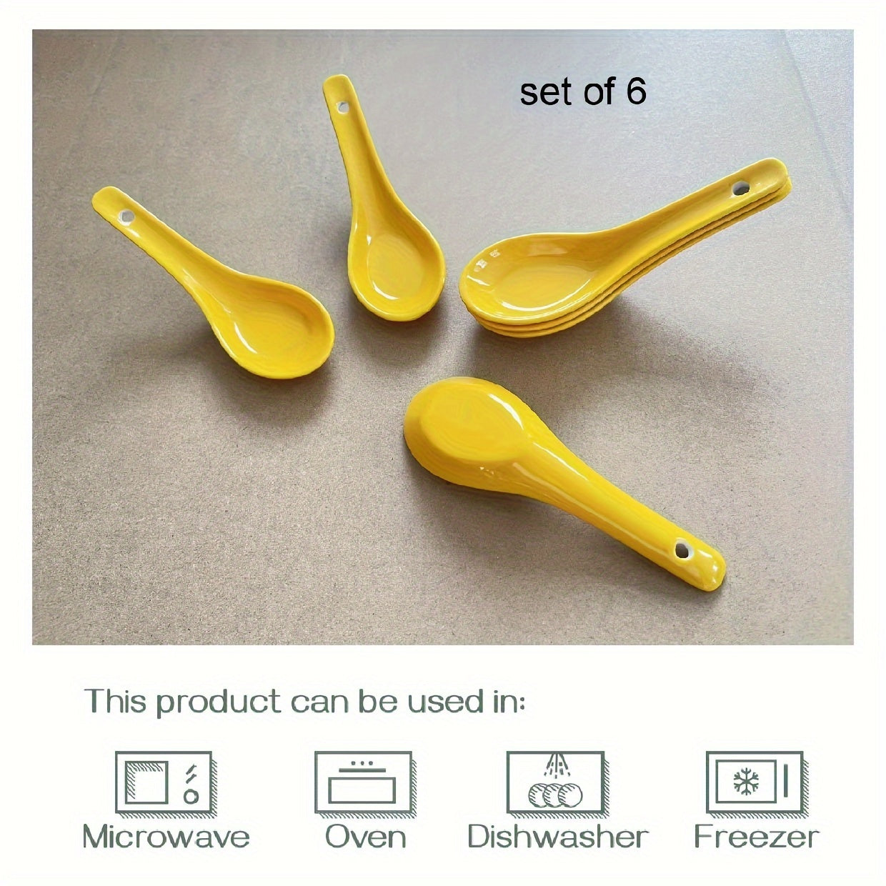 6-piece set of white ceramic soup spoons for various dishes, safe to use in microwave, oven, dishwasher, and freezer.