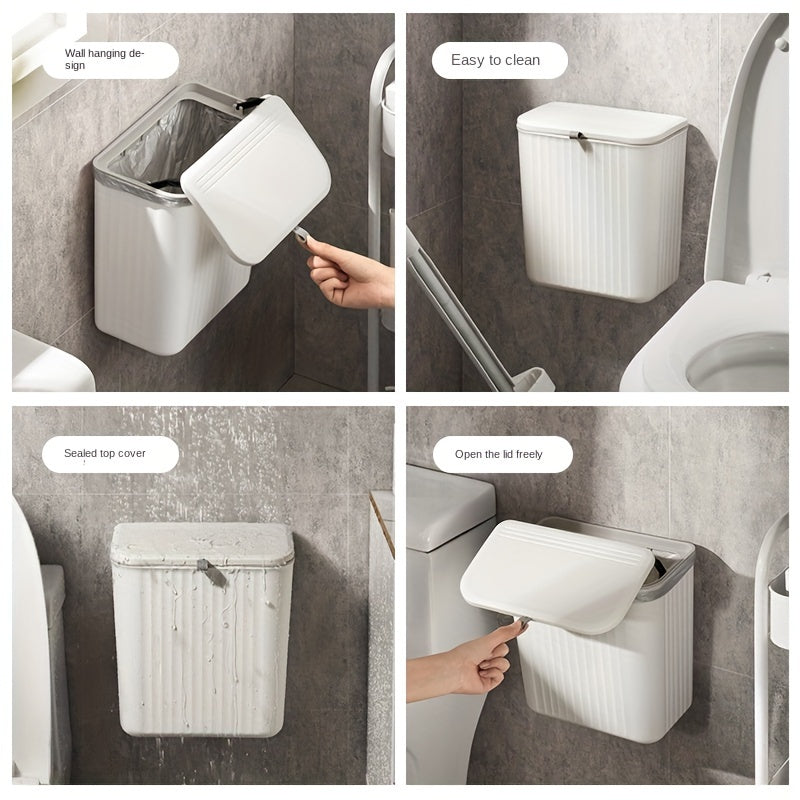 1pc Plastic wall-mounted trash bin with toilet paper storage, space-saving square design, easy installation, no electricity.