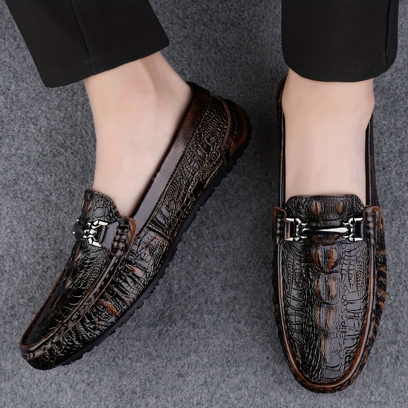 Men's lightweight slip-on loafers made of split cow leather with solid color. Features a comfortable non-slip rubber sole, suitable for casual or dress wear.