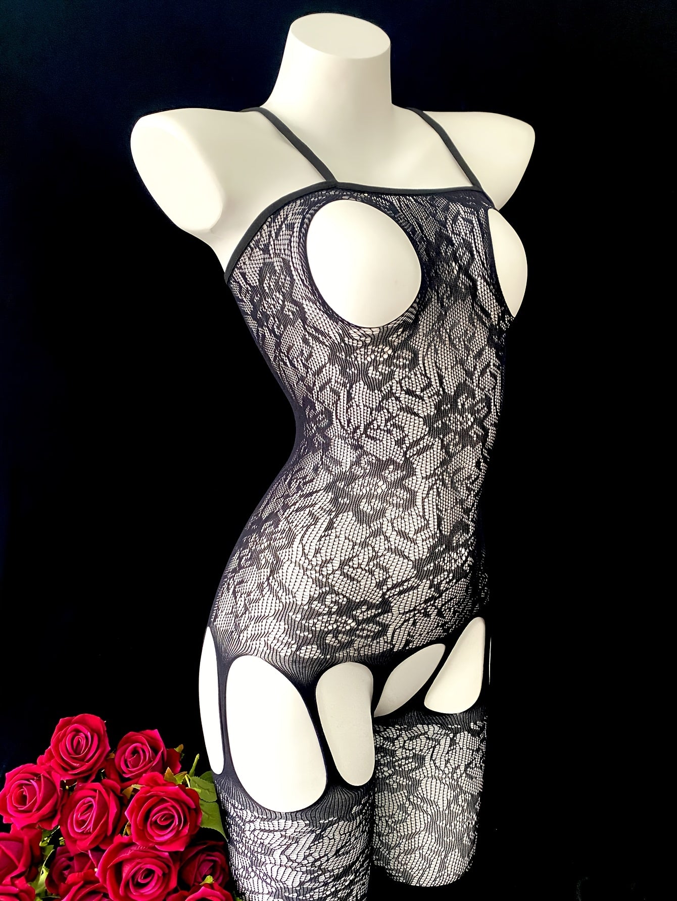 Sexy lingerie for intimate occasions: Hollow Out Jacquard Sleeveless Bodystocking and Open Bust Fishnet Bodystocking