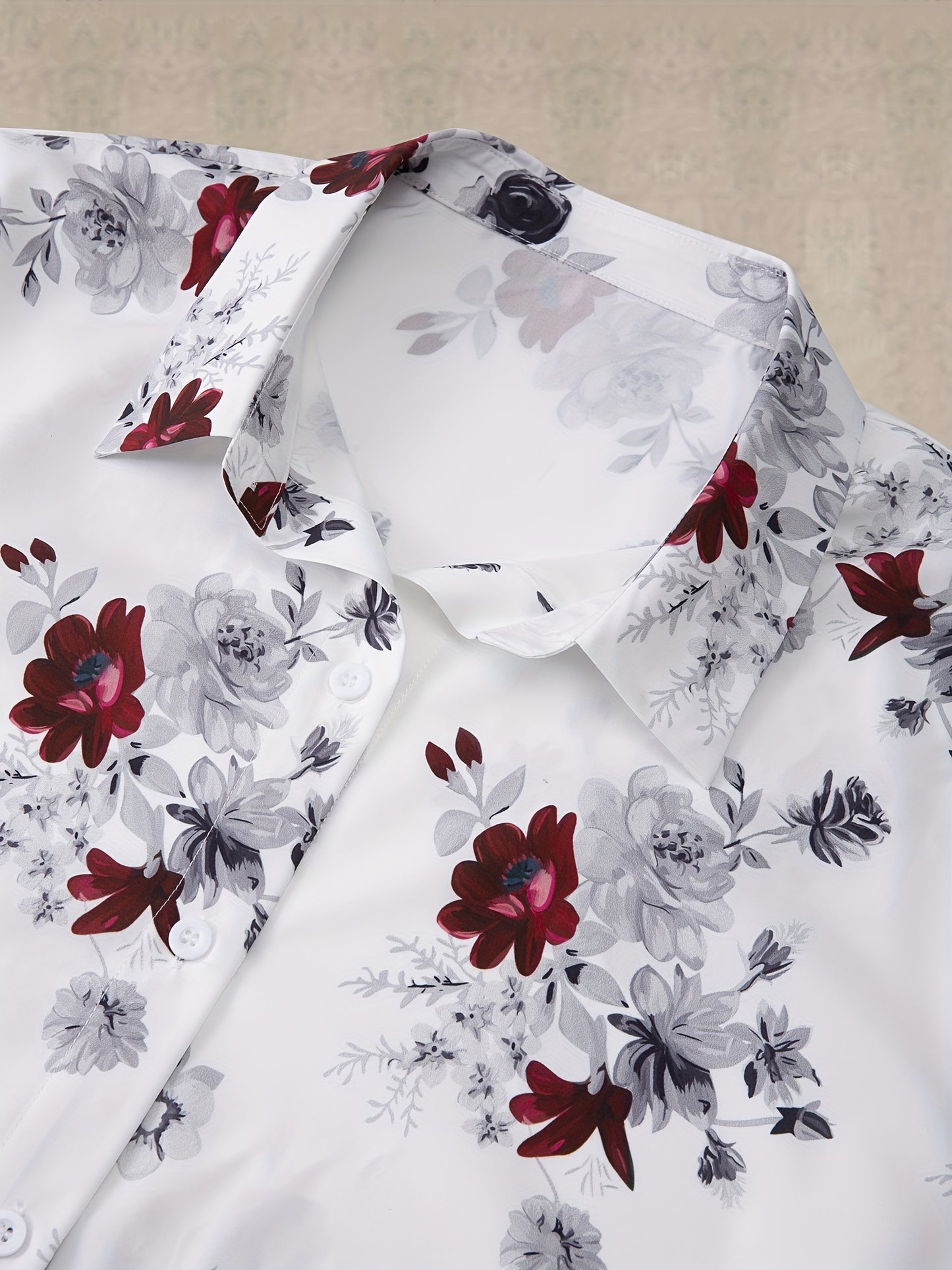 Women's plus size casual blouse with floral print, button-up front, long sleeves, and turn-down collar.