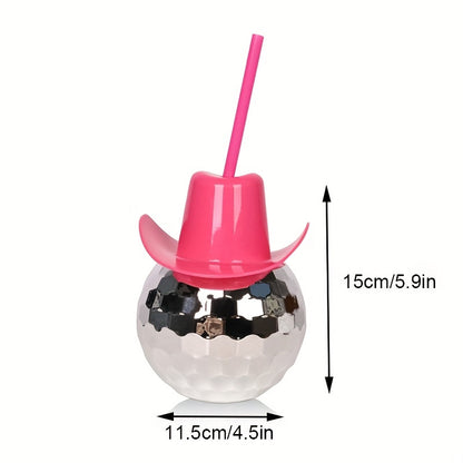 600ml Pink Cowboy Hat Disco Ball Tumbler with Straw - Shiny Electroplated Plastic Cup for Parties & Celebrations